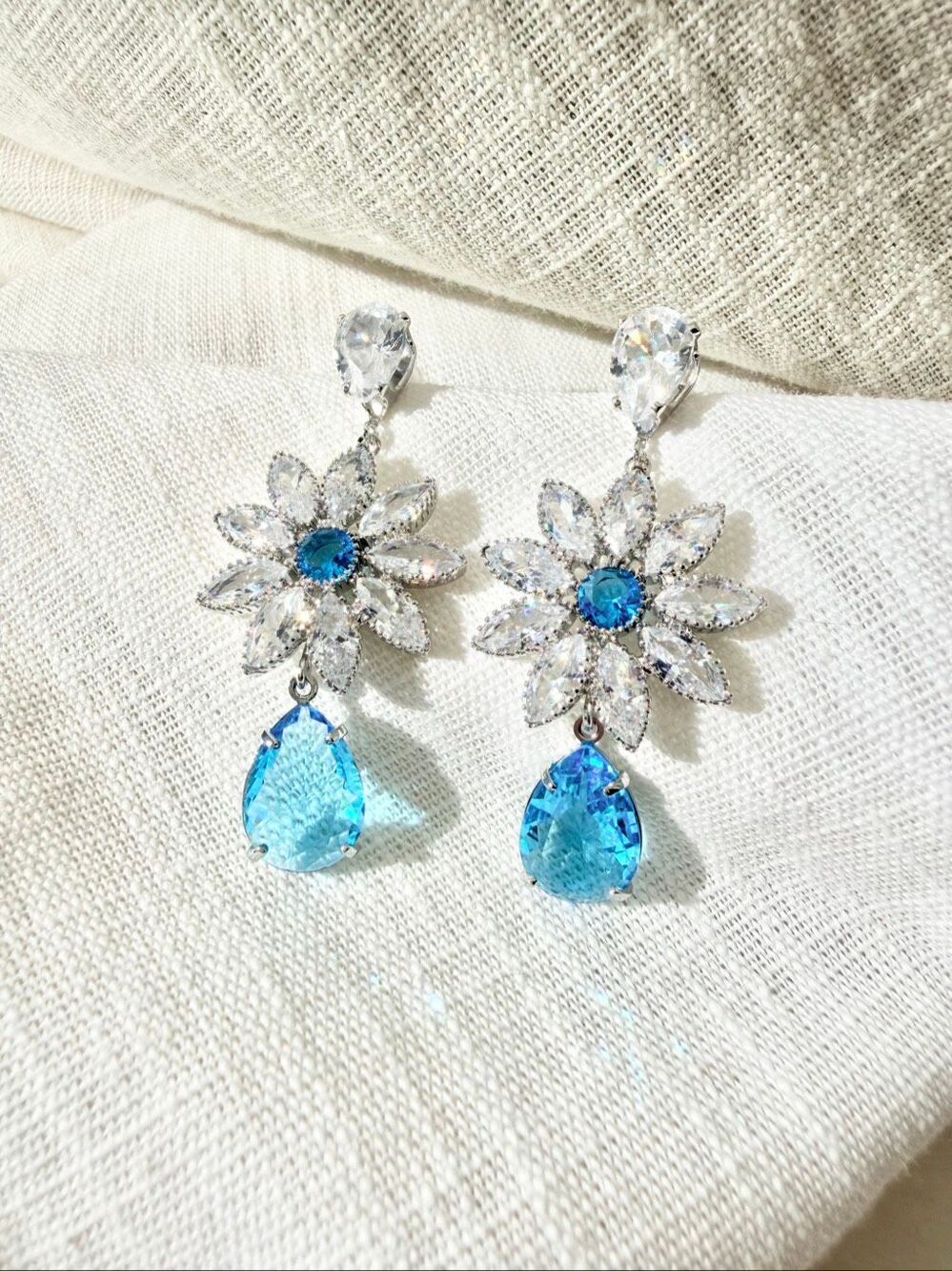 Blue Cubic Zirconia Flower Teardrop Drop Earrings Silver Tone